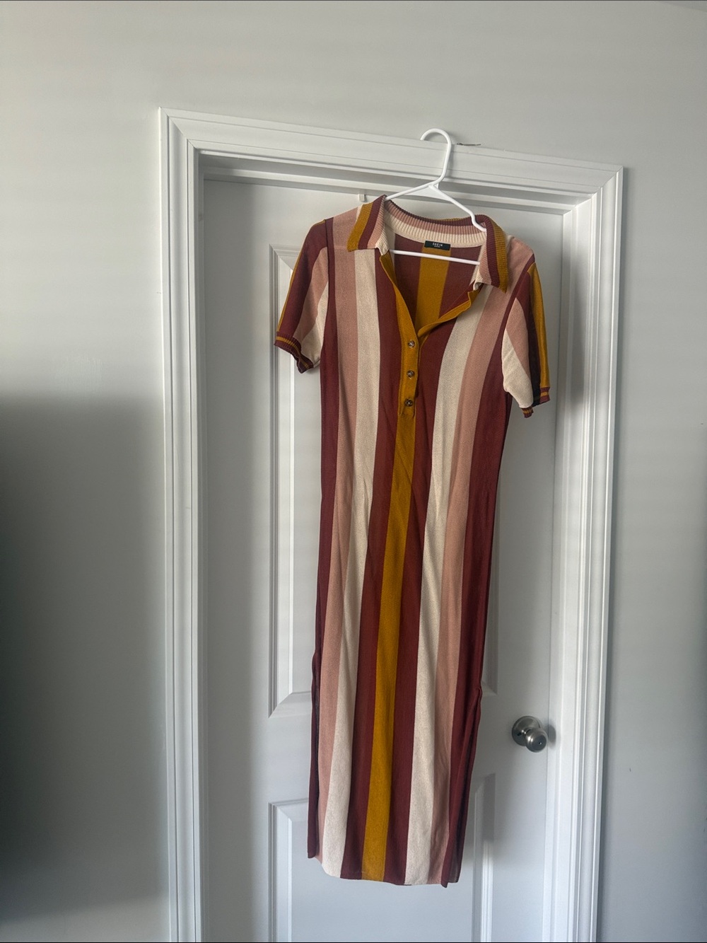 SHEIN Striped Polo Midi Dress in Rust, Mustard & Cream